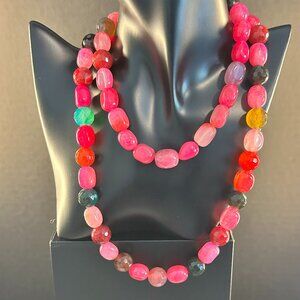 💖 36” Faceted Agate Gemstone Necklace – Vibrant Pink, Green & Amber Tones